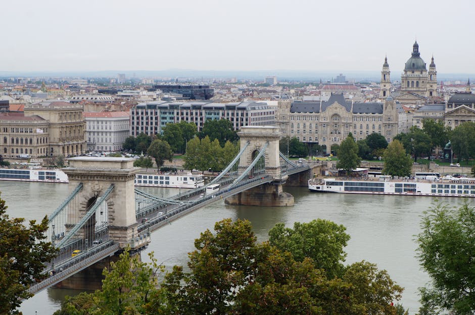 A panoramic aerial view of the city features the iconic Chain Bridge spanning the wide river, with vehicles and a white cruise boat visible along the water. Surrounding the bridge are historic and modern buildings, including a large ornate structure with a prominent dome and two tall spires, indicating a significant landmark. In the foreground, there are green leafy trees partially obscuring the riverbank, and the sky appears overcast with grey clouds. This cityscape scene, captured during daylight hours, highlights urban planning and architectural details suitable for a discussion on house removals and transportation logistics in an urban environment, such as those managed by Man and a Van Kennington.